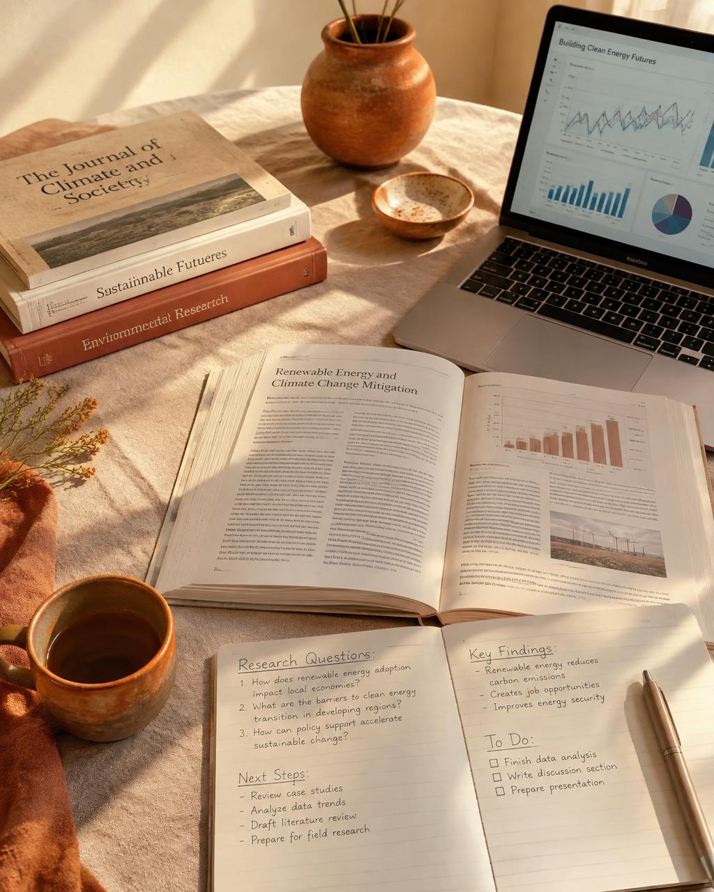 Research journals and notes on a linen desk