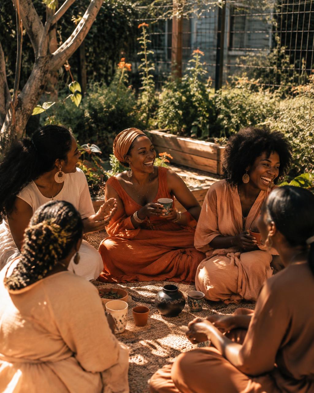 Women gathered in a sunlit community garden sharing tea